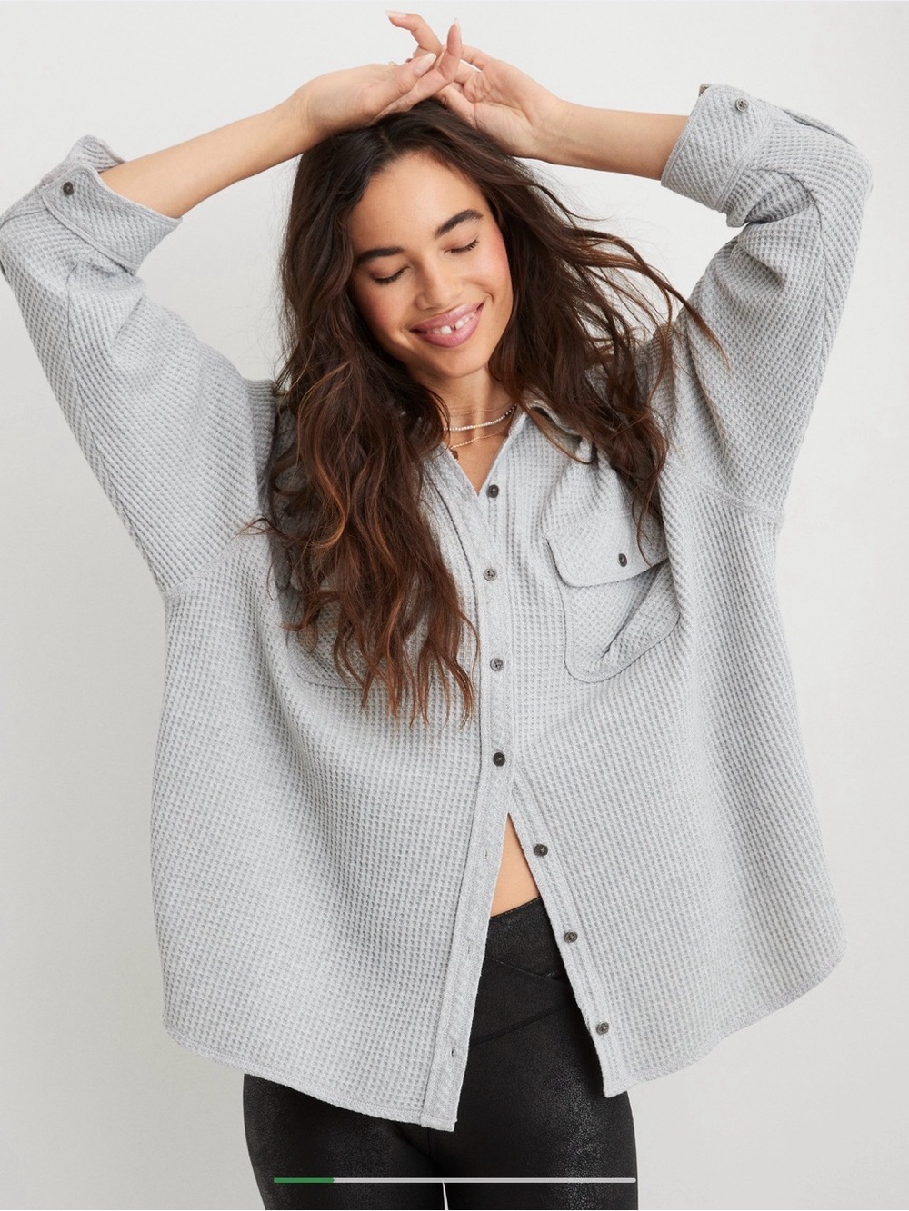 aerie Relaxed Light Gray Waffle-Knit Button-Down Shirt